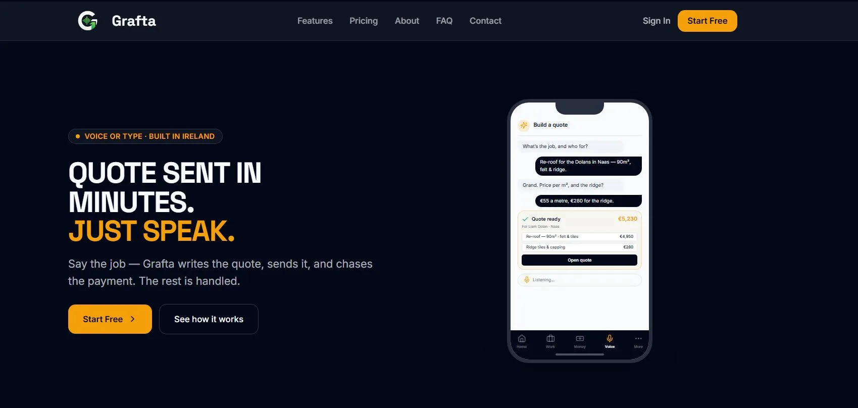 Grafta homepage: quote sent in minutes, just speak